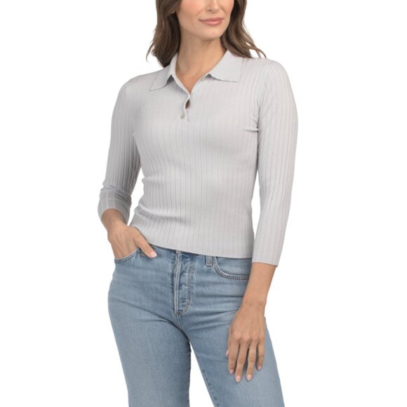 VINCE Light Grey Wool Blend Ribbed Three-quarter Sleeve Polo - Picture 1 of 2